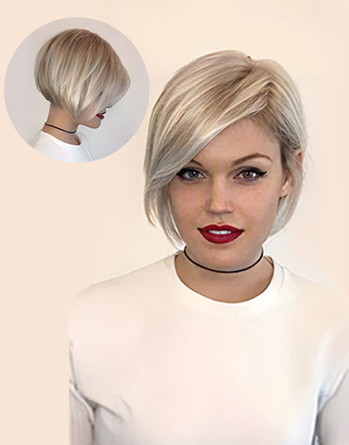 Attractive Highlight Platinum Blonde Bob Lace Frontal Wig Pixie Cut Hairstyle Side Part