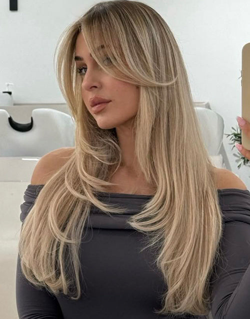 Piano Ash Blonde Balayage Layer Cut Wig With Curtain Bangs Straight 13x6 Lace Highlight Glueless Wig