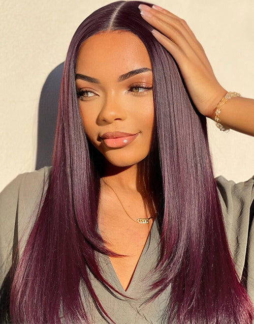 Burgundy Color Glueless Straight Layered Human Hair Wigs