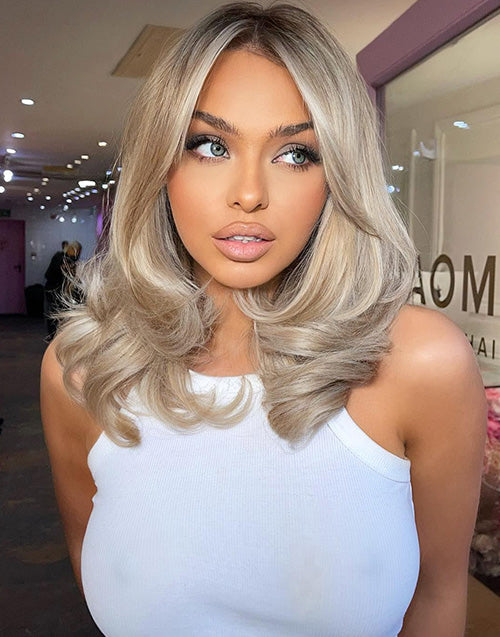 Curtain Bangs Highlight Blonde Wavy Bob 13x4 Lace Front Wig With Dark Roots Glueless Wig For Women