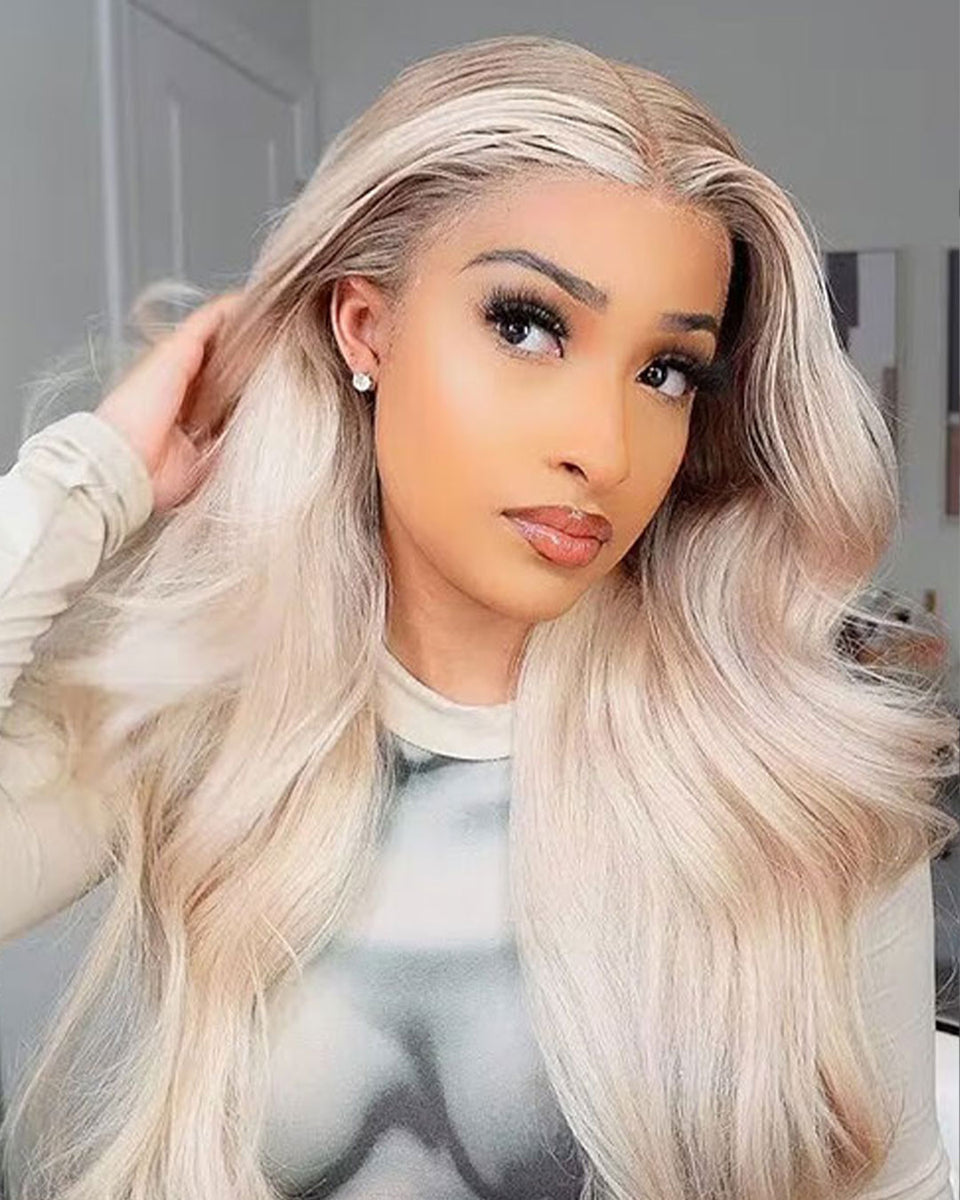 Ombre Ash Blonde Wavy Human Hair Lace Front Wigs With Grey Roots JESSIE ...